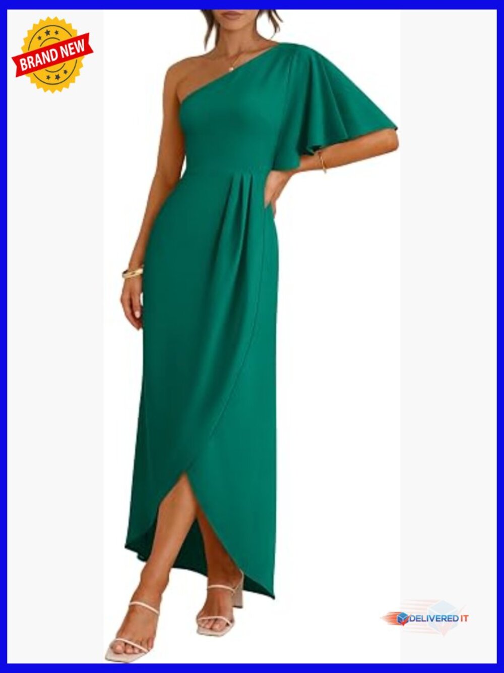 One Shoulder Midi Dress Wrap High Slit Short Sleeve Empire Waist Cocktail Party